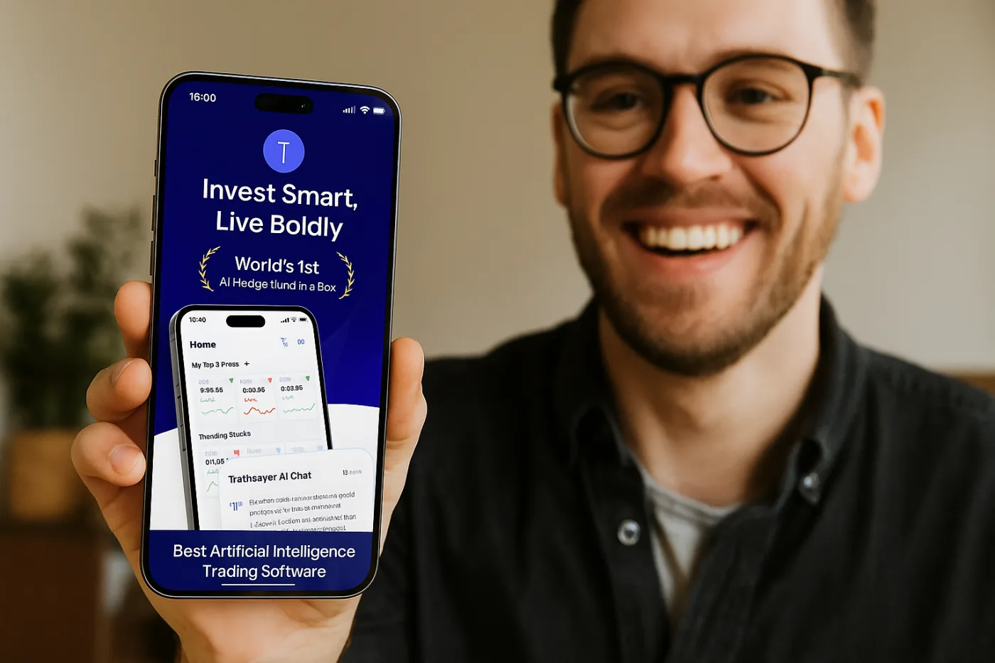 A smiling man wearing glasses holds up a smartphone displaying the TruthSayer AI app. The screen reads “Invest Smart, Live Boldly,” with the tagline “World’s 1st AI Hedge Fund in a Box” and “Best Artificial Intelligence Trading Software” at the bottom. The app interface shows trending stock data and an AI chat feature.