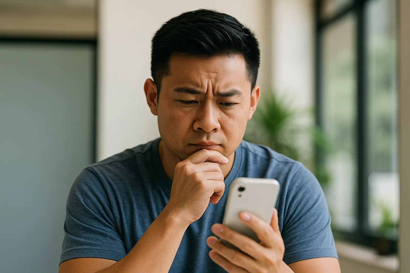 A man in a blue shirt looks intently at his smartphone with a concerned and thoughtful expression. He rests his chin on his hand, appearing deep in thought or puzzled by what he's reading. The setting is a bright indoor space with large windows and plants in the background.